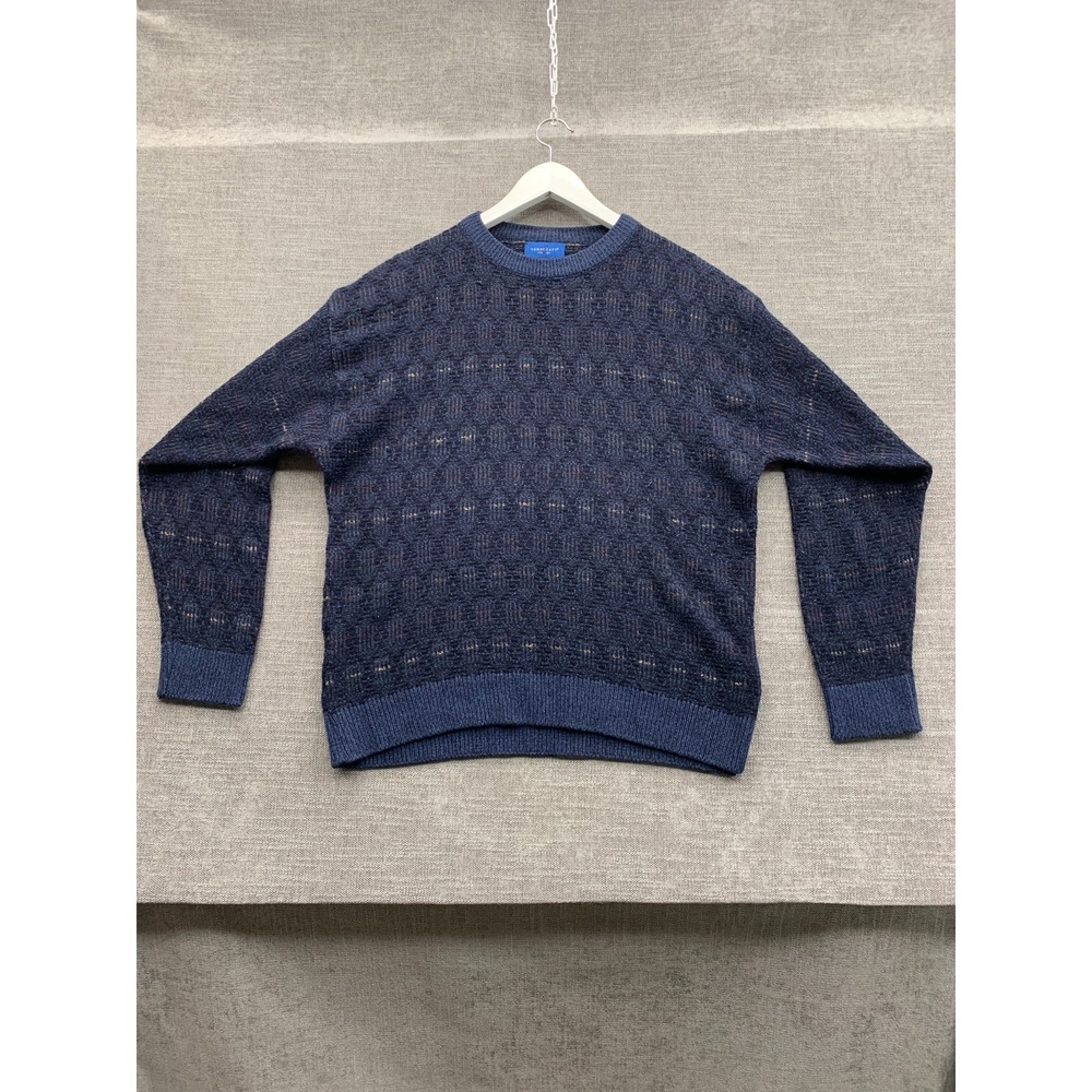 Vintage Town Craft Sweater Mens Large Blue Geometric Tight Knit Ribbed Crew Neck